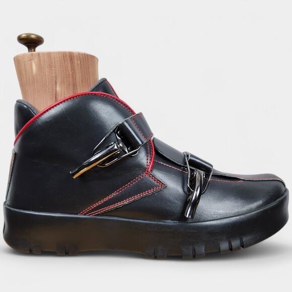 Vintage Prada Red Stripe Platform Boots Black Mens 9 (US 10) Made in Italy - Picture 1 of 16
